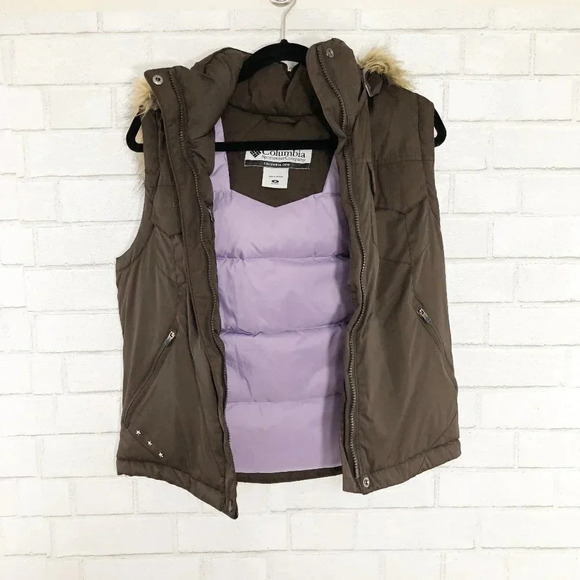 Columbia Jackets & Blazers - Columbia Sportswear Brown & Purple Hooded Down/Feather Vest Women's Medium